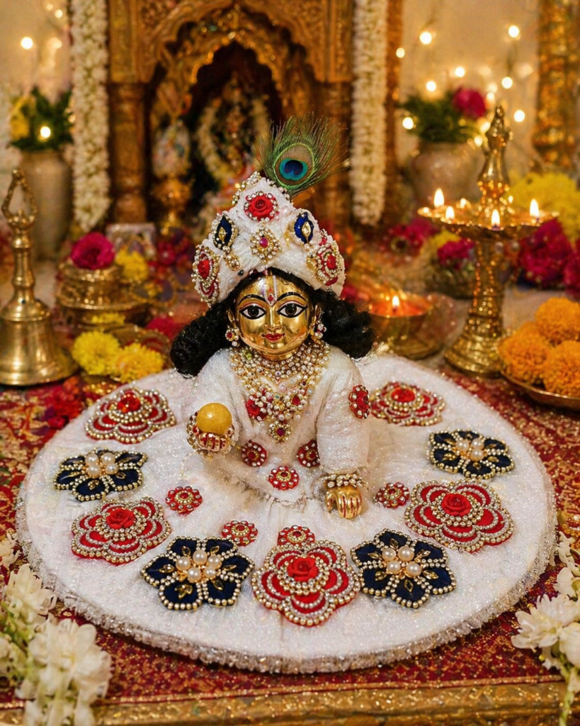 laddu gopal designer white floral dress with stone work (premium handmade poshak)