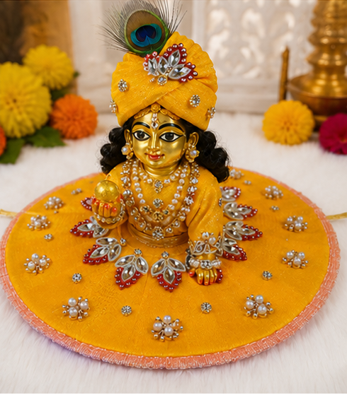premium yellow designer ladoo gopal dress with handwork stones & pearl embellishment premium yellow designer ladoo gopal dress with handwork stones & pearl embellishment