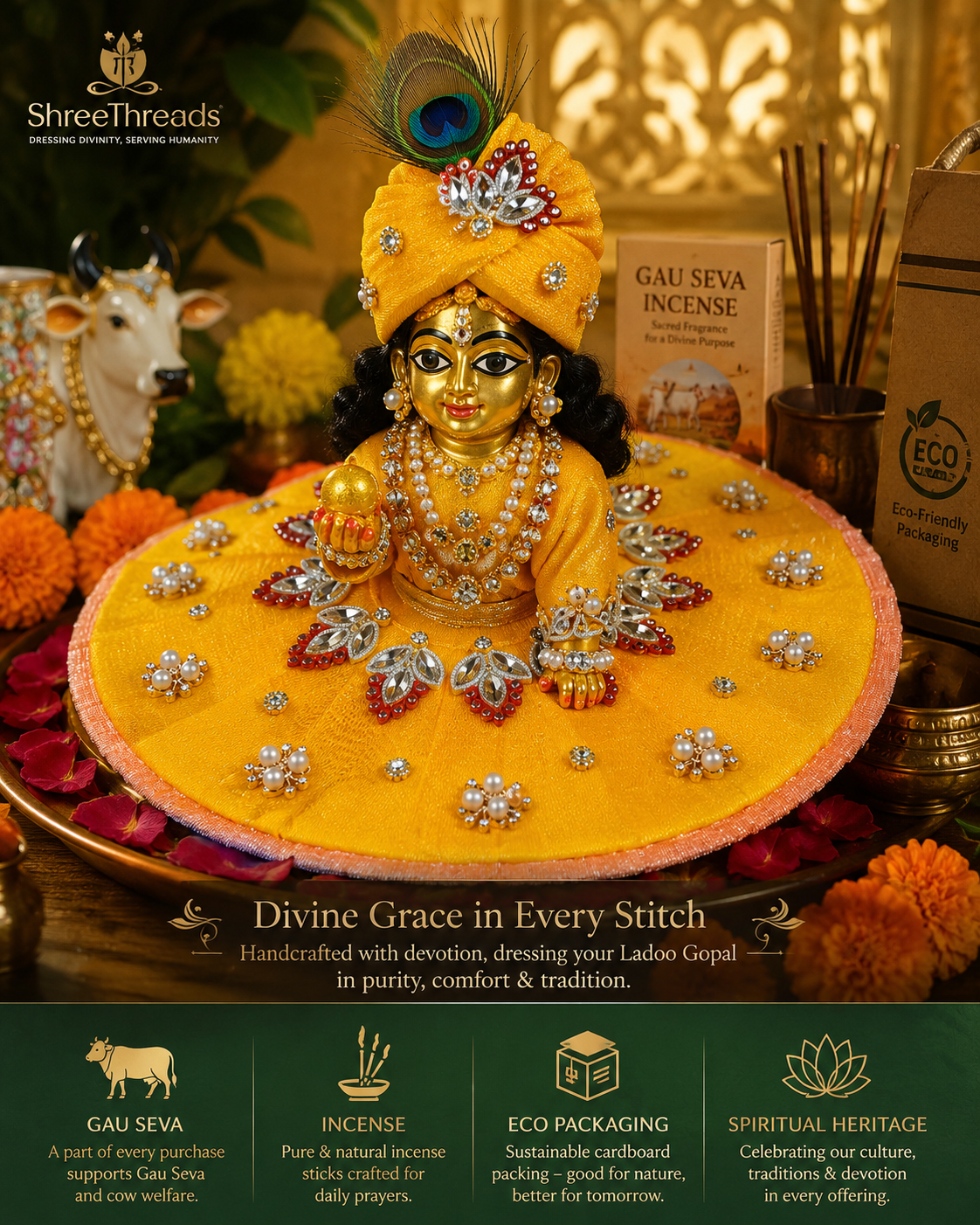 premium yellow designer ladoo gopal dress with handwork stones & pearl embellishment premium yellow designer ladoo gopal dress with handwork stones & pearl embellishment